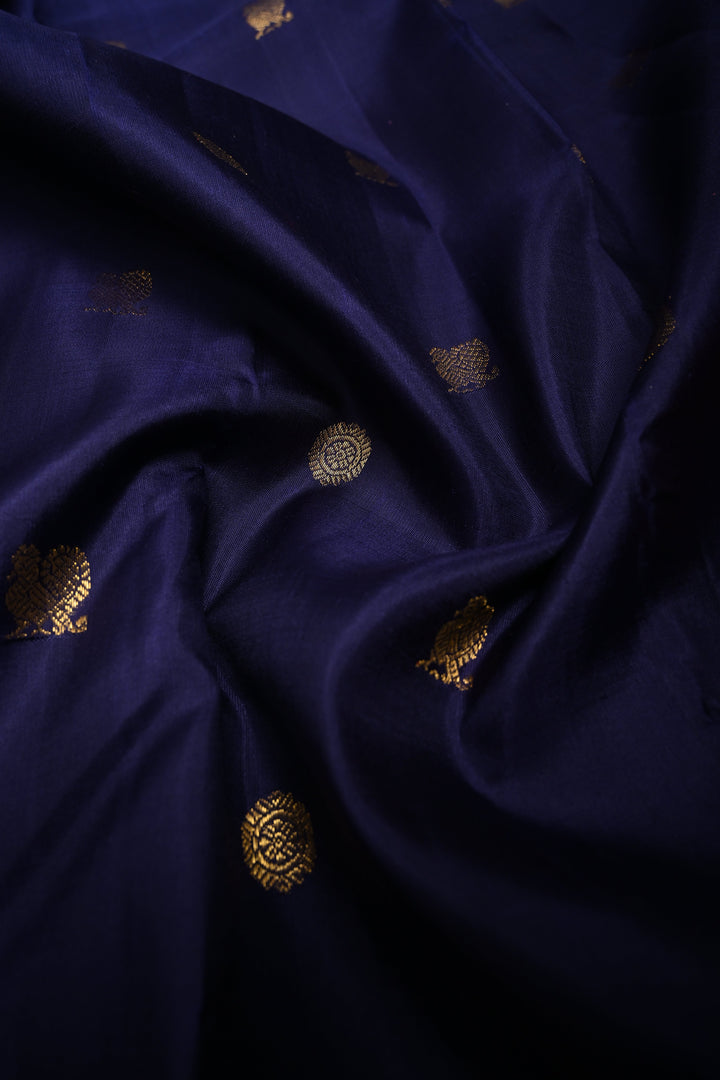 Ink Blue Korvai Kanjivaram Pure Silk Saree with Zari Buttas and Contrast Zari Border | SILK MARK CERTIFIED
