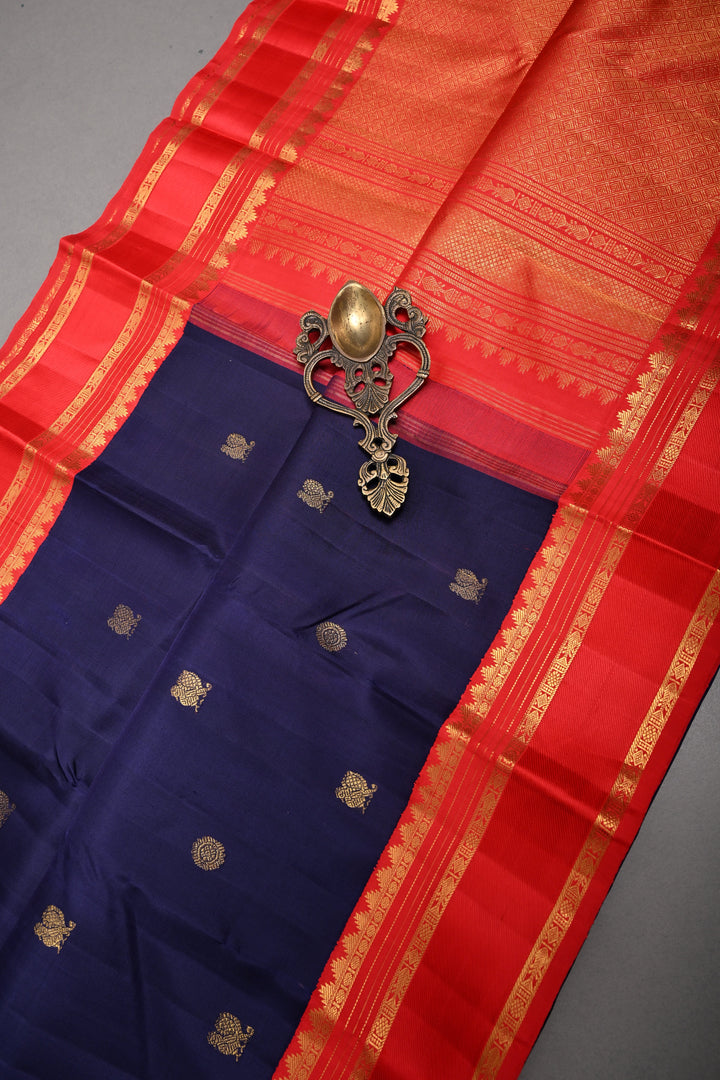 Ink Blue Korvai Kanjivaram Pure Silk Saree with Zari Buttas and Contrast Zari Border | SILK MARK CERTIFIED