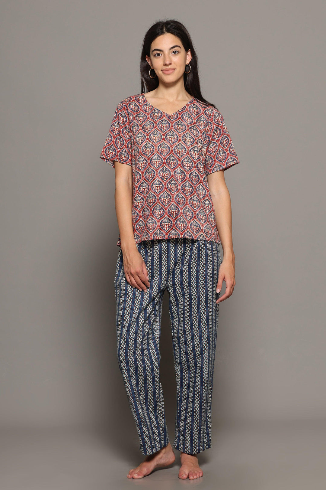Tamara Blue Pink Cotton Printed Loungewear Co-ord Set | SHOBITAM