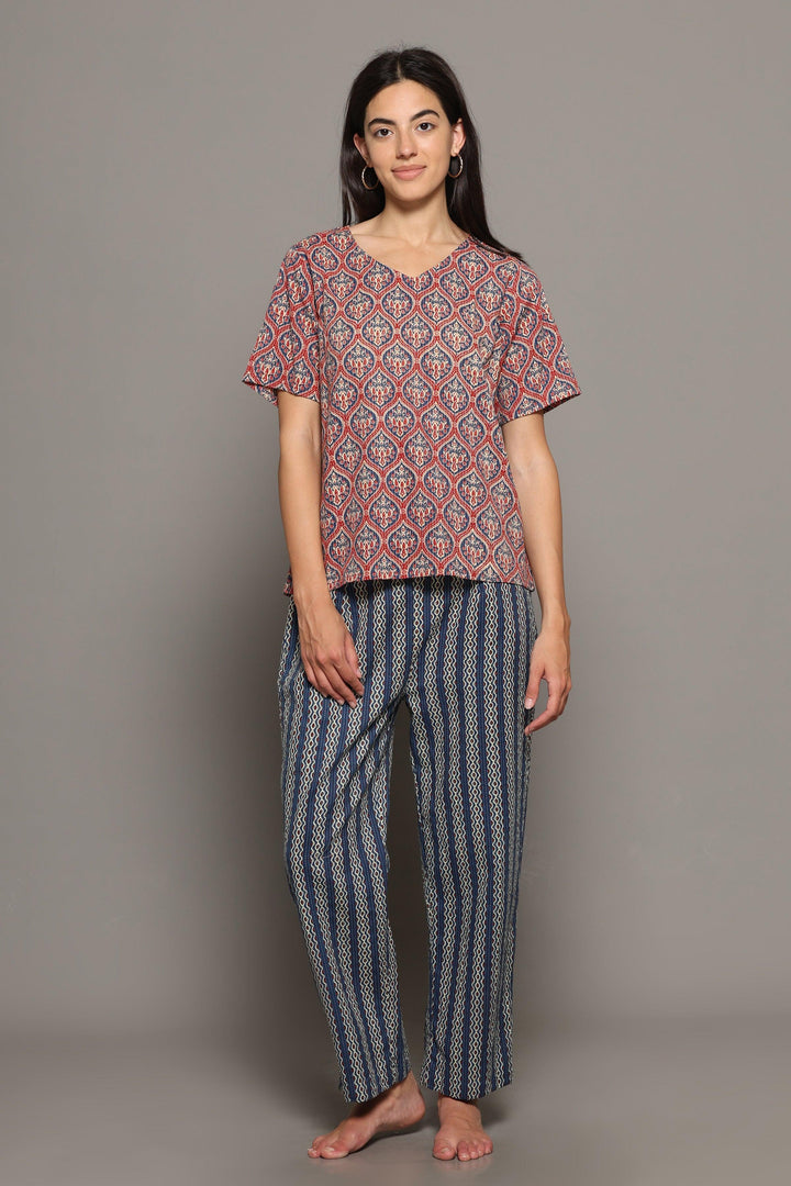 Tamara Blue Pink Cotton Printed Loungewear Co-ord Set | SHOBITAM