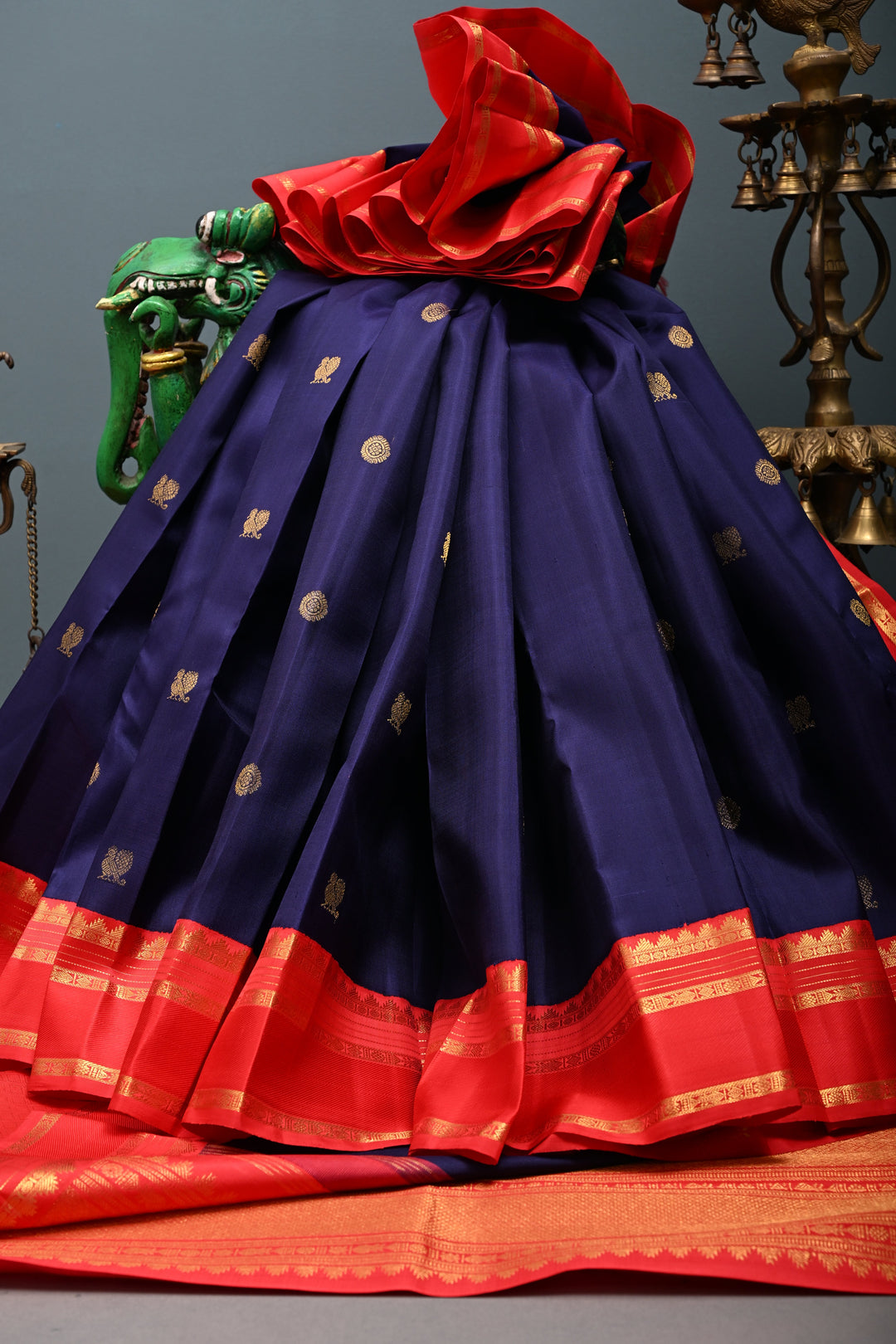 Ink Blue Korvai Kanjivaram Pure Silk Saree with Zari Buttas and Contrast Zari Border | SILK MARK CERTIFIED