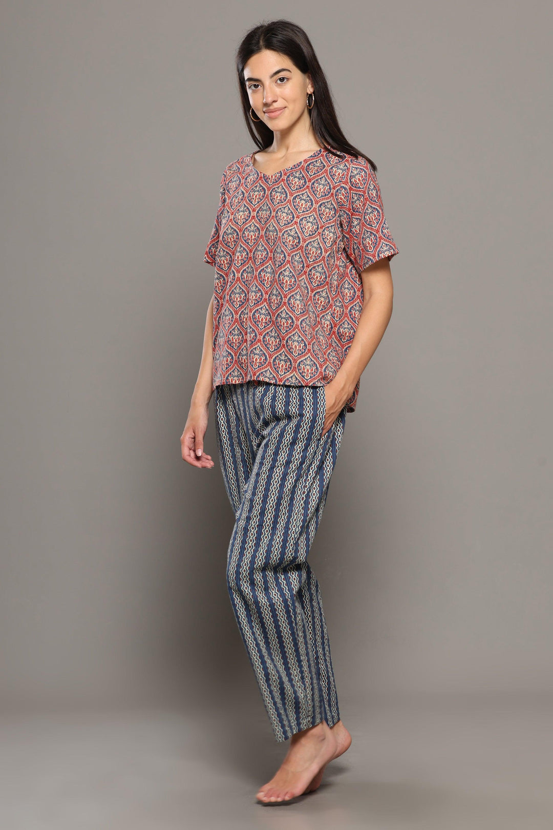Tamara Blue Pink Cotton Printed Loungewear Co-ord Set | SHOBITAM