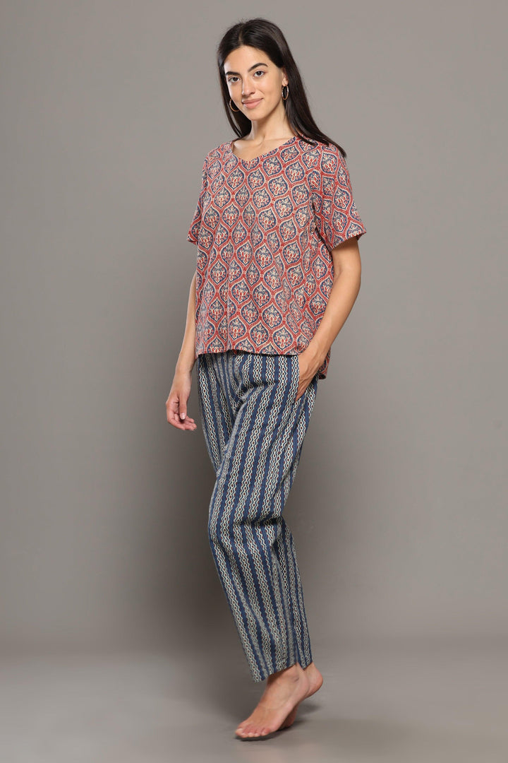 Tamara Blue Pink Cotton Printed Loungewear Co-ord Set | SHOBITAM