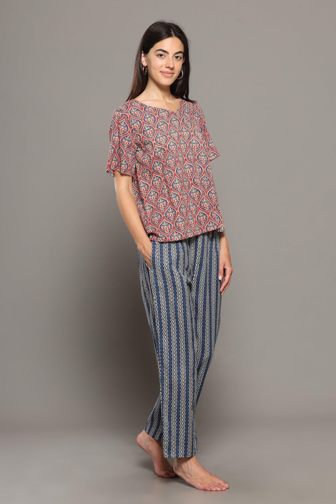 Tamara Blue Pink Cotton Printed Loungewear Co-ord Set | SHOBITAM