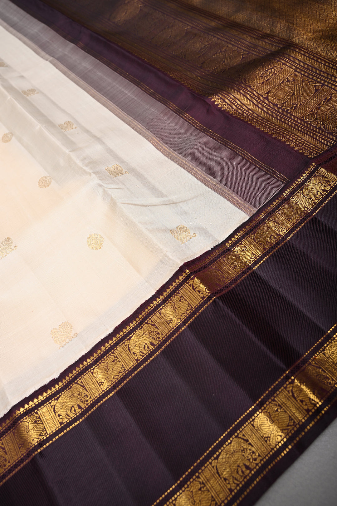 Cream Korvai Kanjivaram Pure Silk Saree with Zari Buttas and Contrast Zari Border | SILK MARK CERTIFIED | SHOBITAM