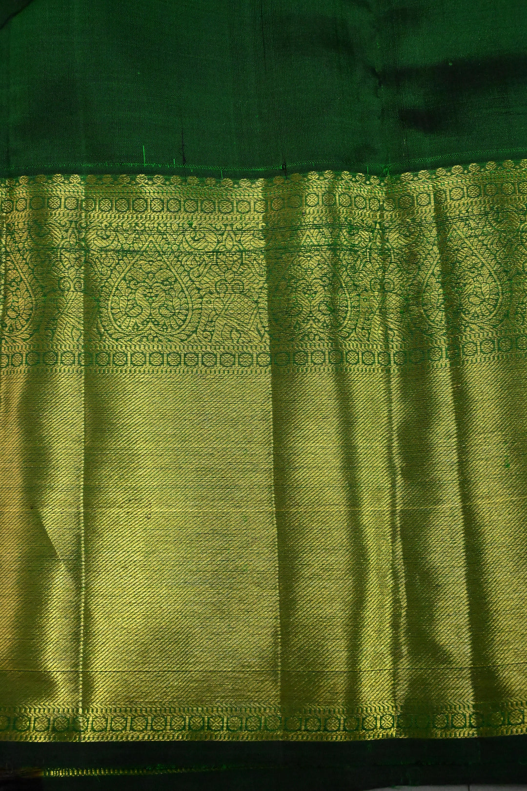 Deep Green Vairaoosi Zari Stripes on Pure Kanjivaram Silk Saree with Gold-Silver Zari Buttas and wide Zari Border | SILK MARK CERTIFIED | SHOBITAM