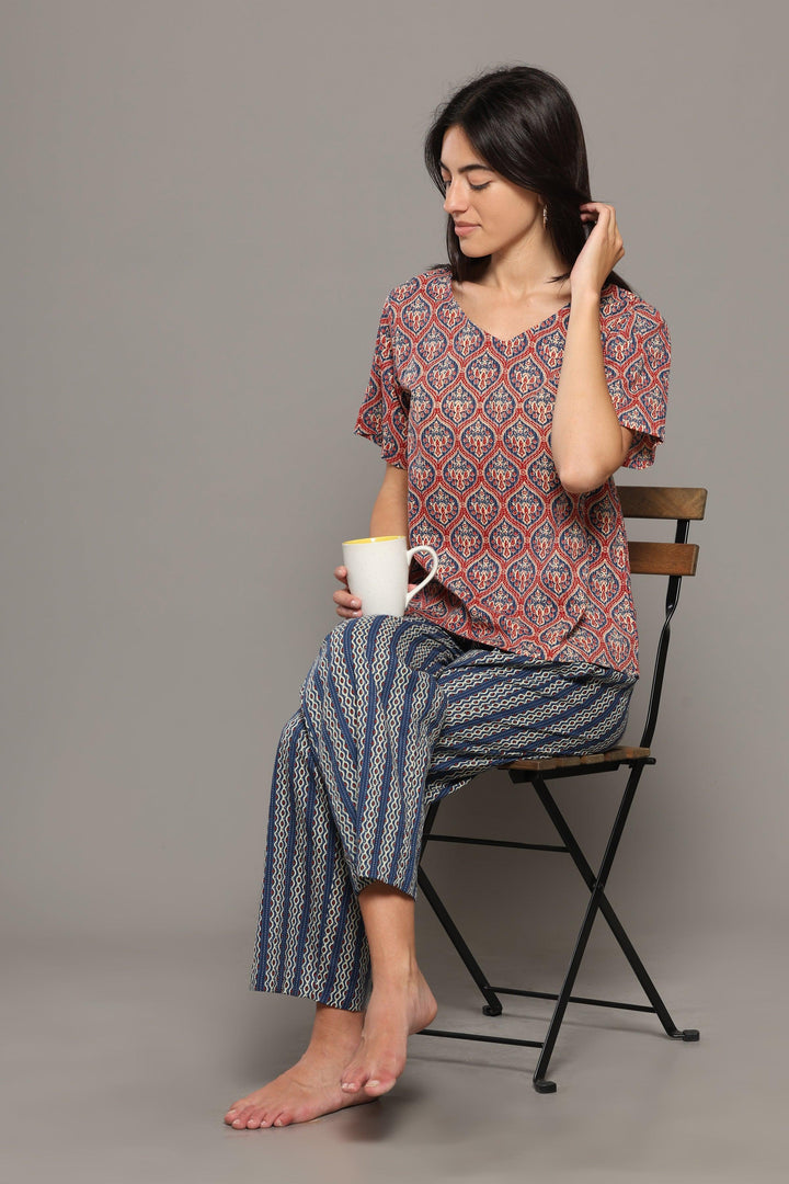 Tamara Blue Pink Cotton Printed Loungewear Co-ord Set | SHOBITAM