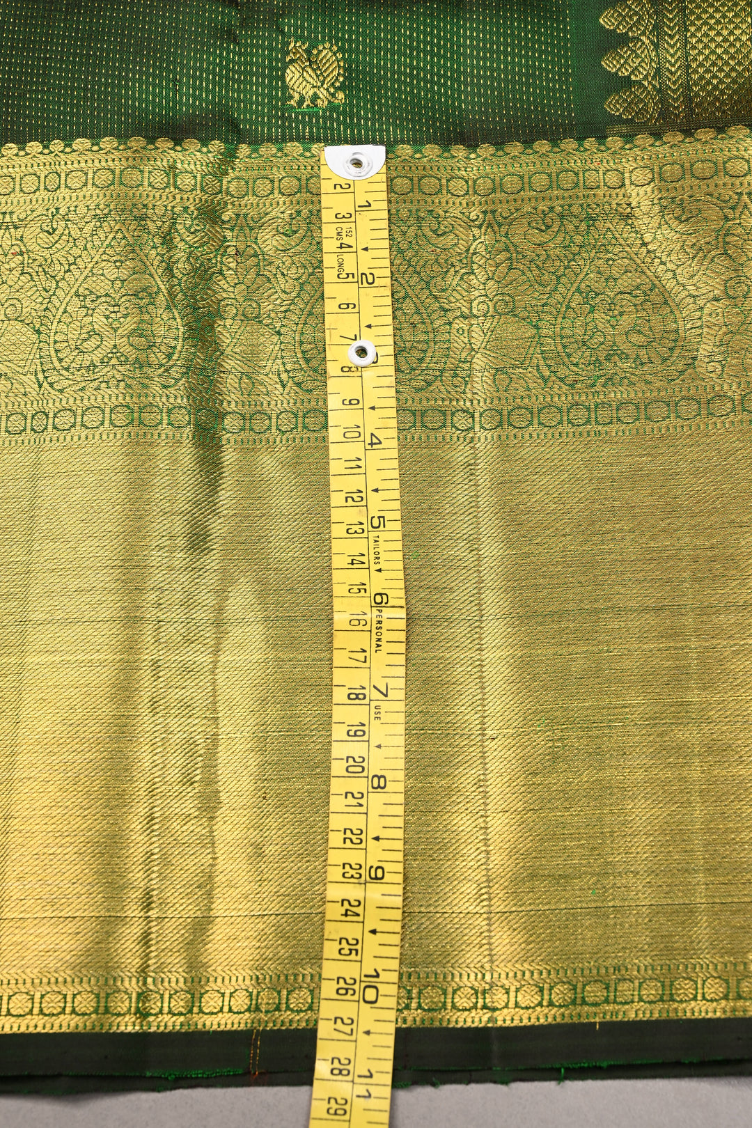 Deep Green Vairaoosi Zari Stripes on Pure Kanjivaram Silk Saree with Gold-Silver Zari Buttas and wide Zari Border | SILK MARK CERTIFIED | SHOBITAM