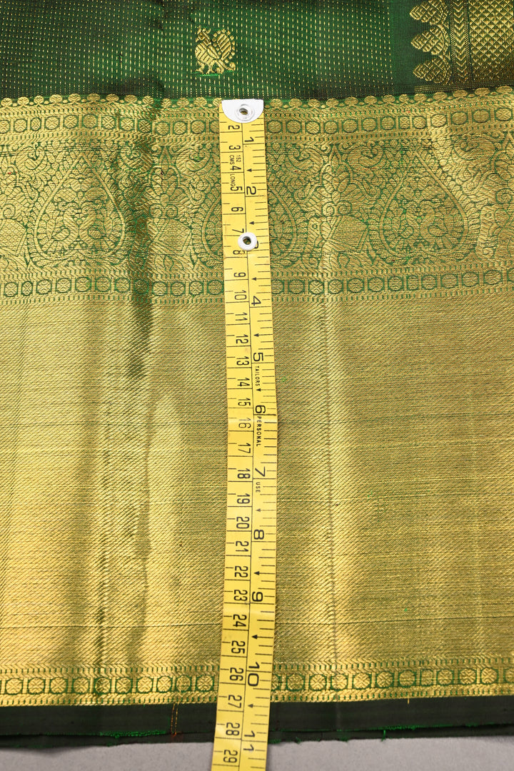 Deep Green Vairaoosi Zari Stripes on Pure Kanjivaram Silk Saree with Gold-Silver Zari Buttas and wide Zari Border | SILK MARK CERTIFIED | SHOBITAM