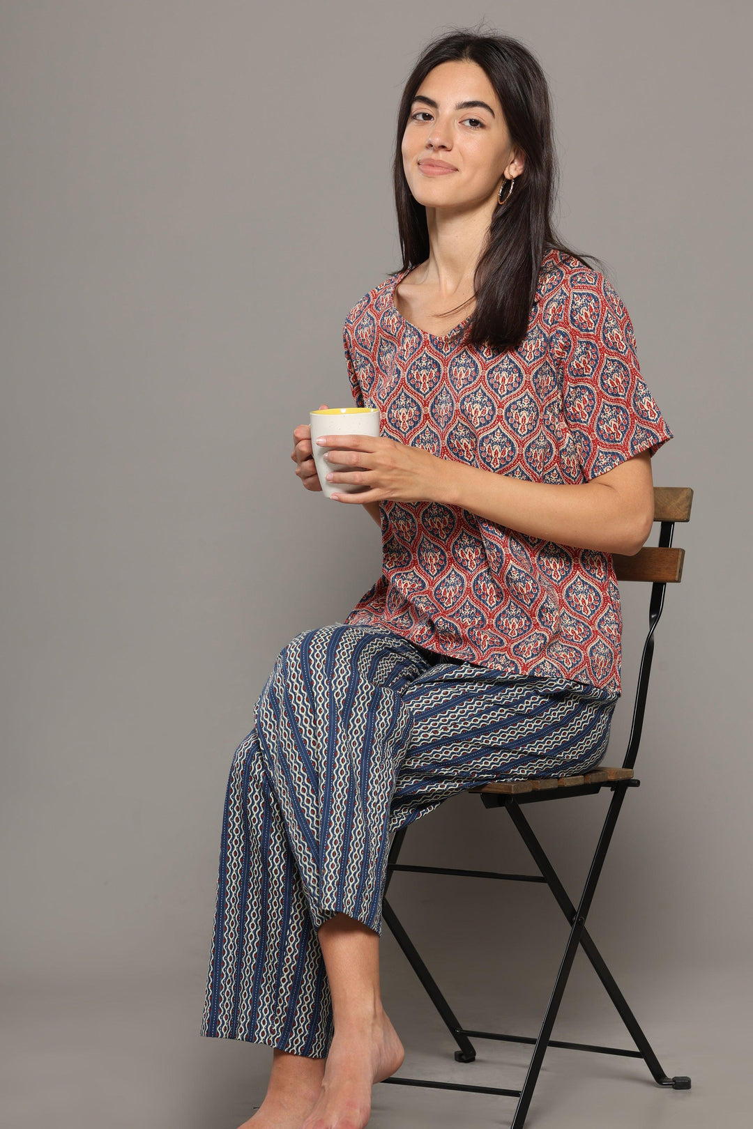 Tamara Blue Pink Cotton Printed Loungewear Co-ord Set | SHOBITAM