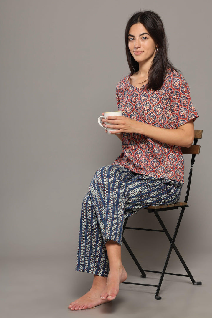 Tamara Blue Pink Cotton Printed Loungewear Co-ord Set | SHOBITAM
