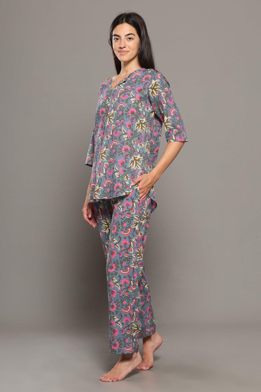 Islie Grey Floral Cotton Printed Loungewear Co-ord Set | SHOBITAM