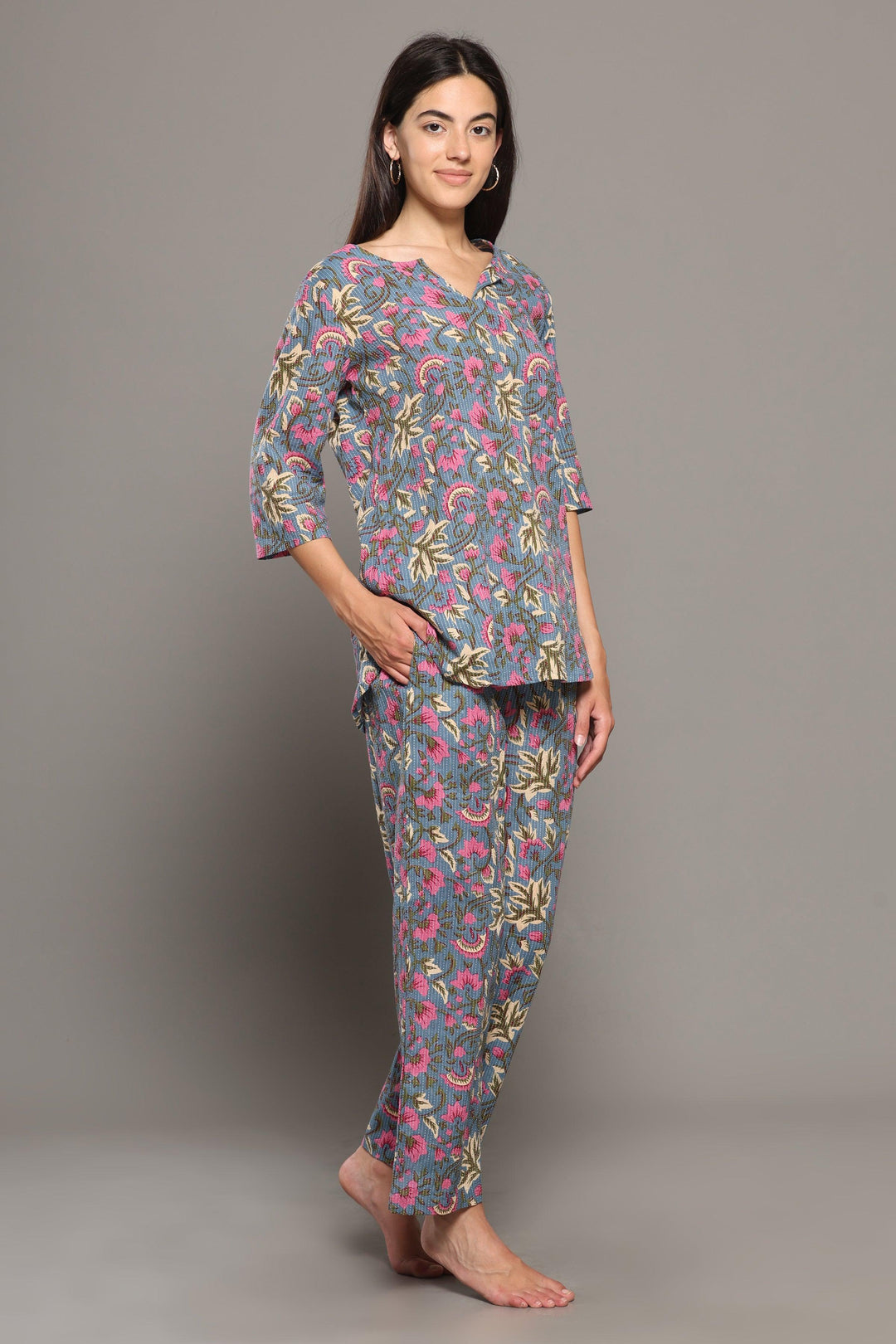 Islie Grey Floral Cotton Printed Loungewear Co-ord Set | SHOBITAM