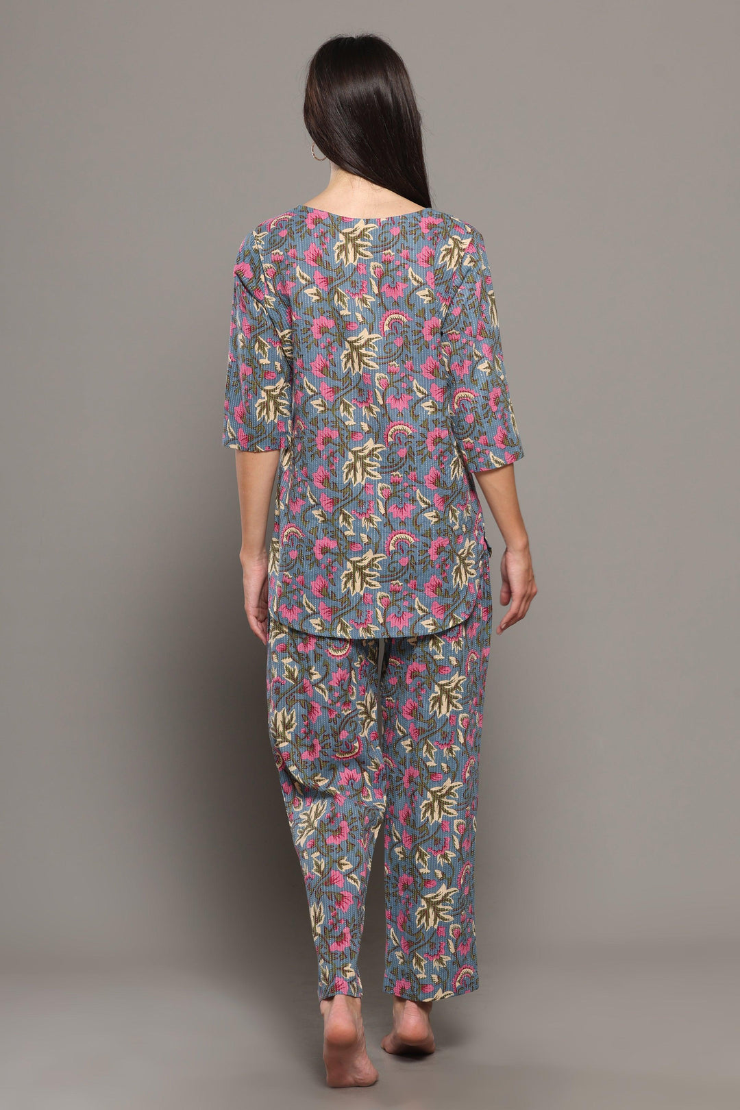 Islie Grey Floral Cotton Printed Loungewear Co-ord Set | SHOBITAM