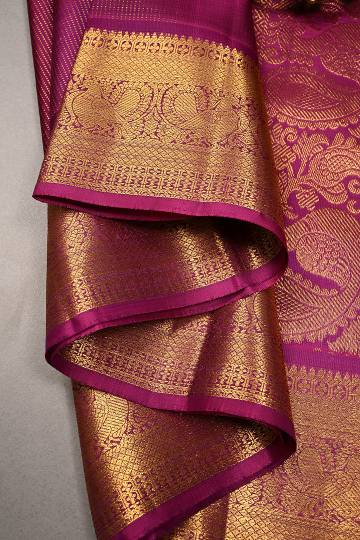 Magenta Pure Kanjivaram Silk Saree with Vairaoosi Zari Stripes and Zari Border | SILK MARK CERTIFIED | SHOBITAM