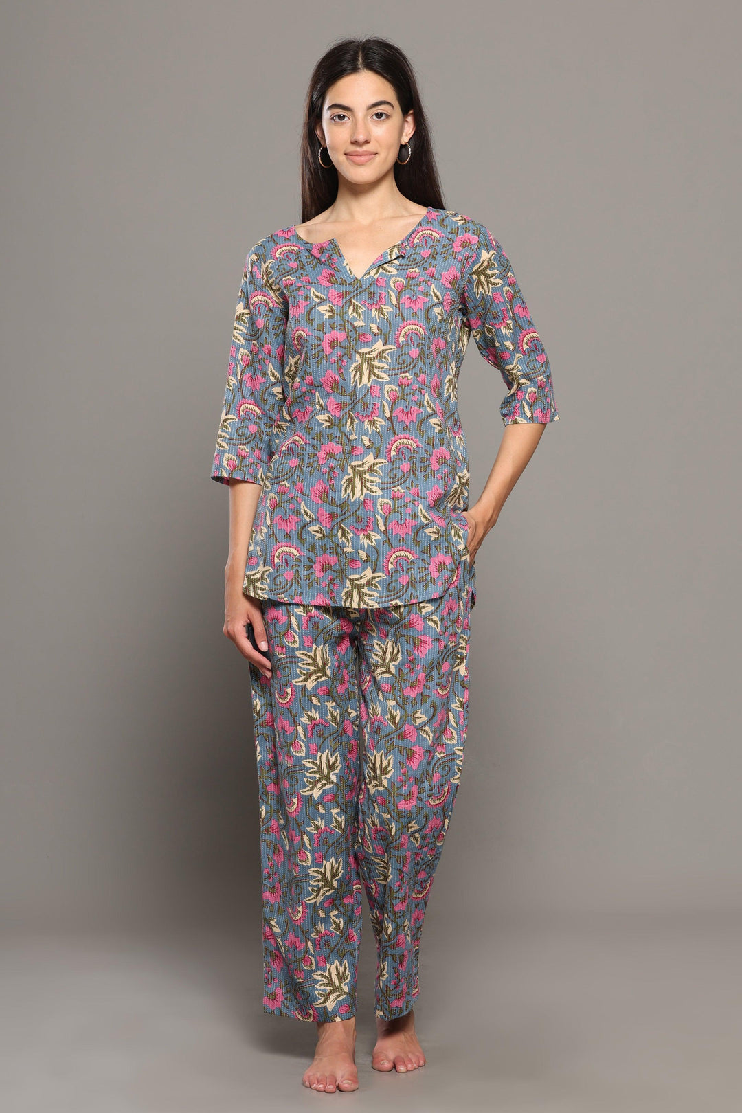 Islie Grey Floral Cotton Printed Loungewear Co-ord Set | SHOBITAM