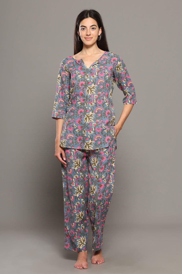 Islie Grey Floral Cotton Printed Loungewear Co-ord Set | SHOBITAM