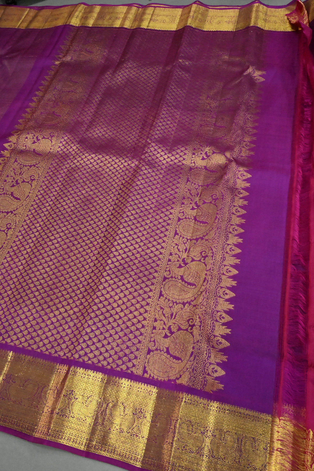 Magenta Pure Kanjivaram Silk Saree with Vairaoosi Zari Stripes and Zari Border | SILK MARK CERTIFIED | SHOBITAM