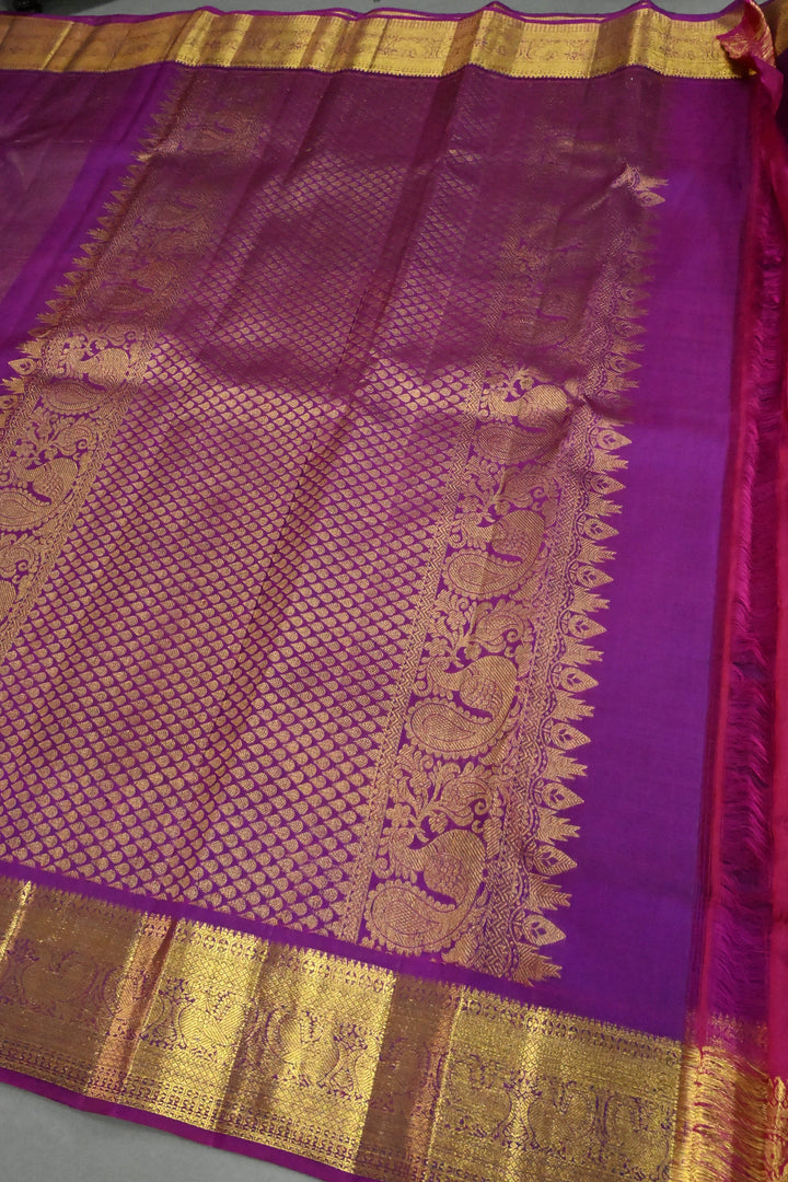 Magenta Pure Kanjivaram Silk Saree with Vairaoosi Zari Stripes and Zari Border | SILK MARK CERTIFIED | SHOBITAM