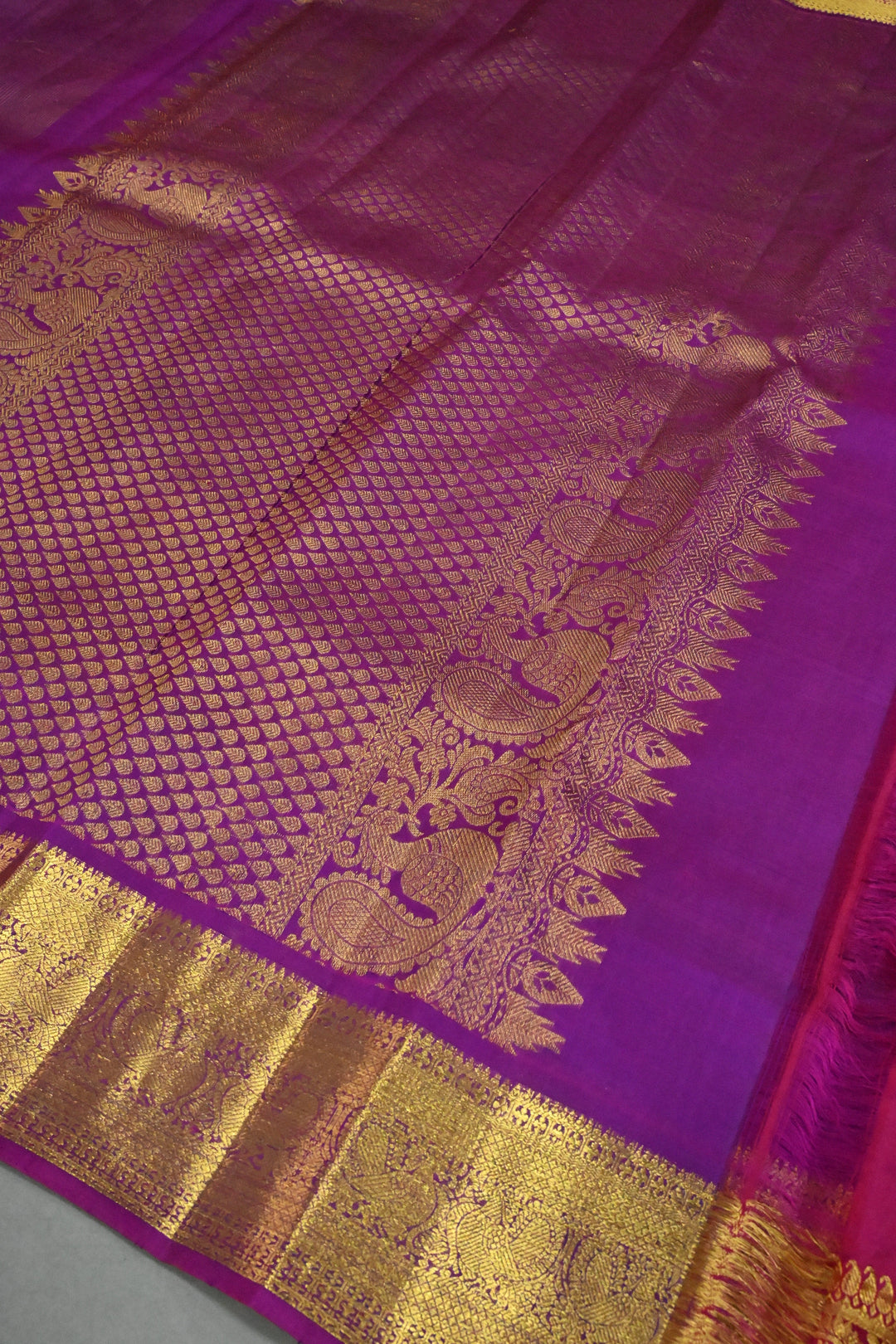 Magenta Pure Kanjivaram Silk Saree with Vairaoosi Zari Stripes and Zari Border | SILK MARK CERTIFIED | SHOBITAM