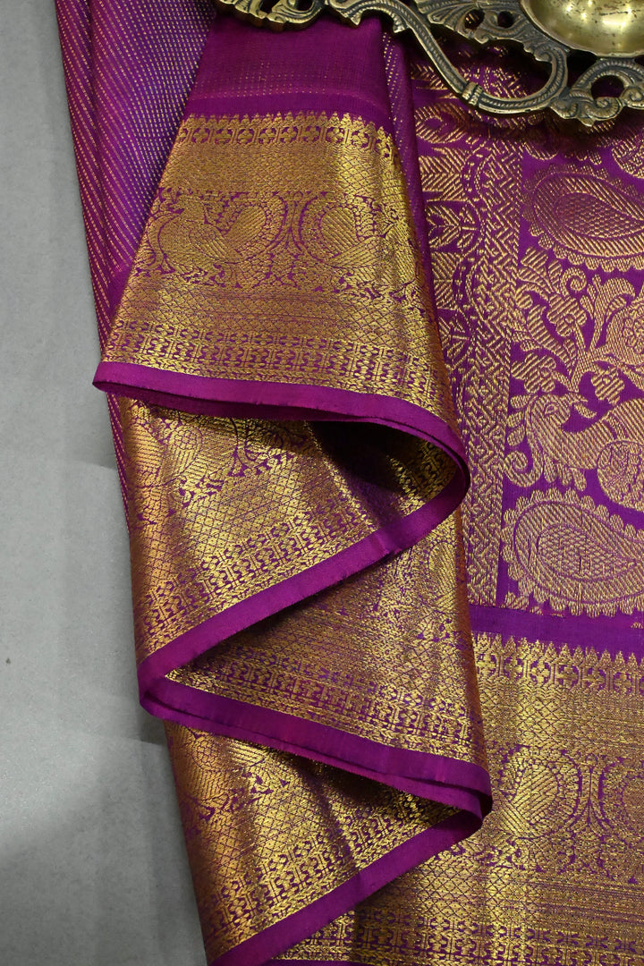 Magenta Pure Kanjivaram Silk Saree with Vairaoosi Zari Stripes and Zari Border | SILK MARK CERTIFIED | SHOBITAM