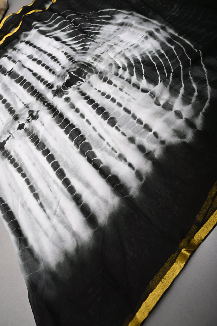 Black & White Shibori Tie-Dye Georgette Saree with Gold Zari Border  | SHOBITAM
