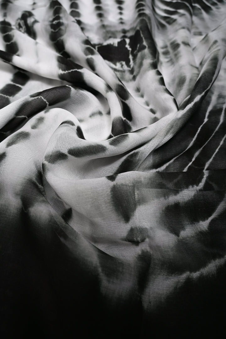 Black & White Shibori Tie-Dye Georgette Saree with Gold Zari Border  | SHOBITAM