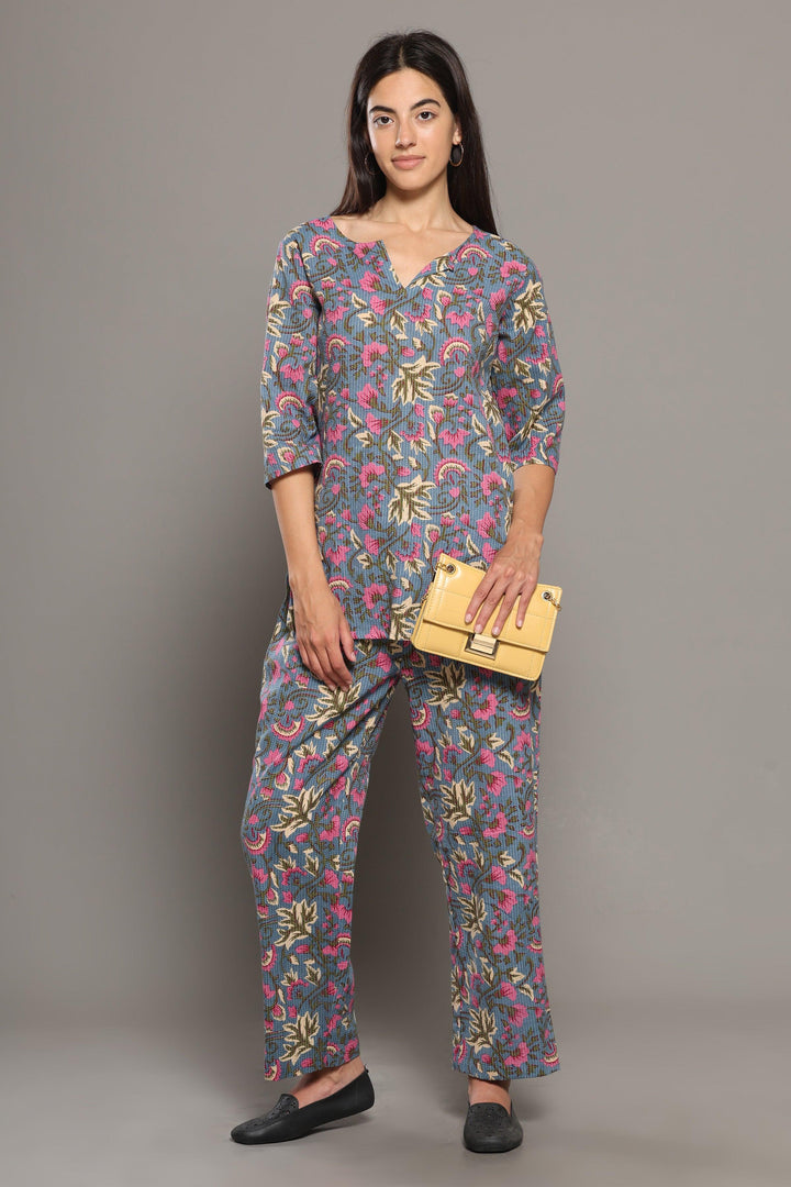Islie Grey Floral Cotton Printed Loungewear Co-ord Set | SHOBITAM