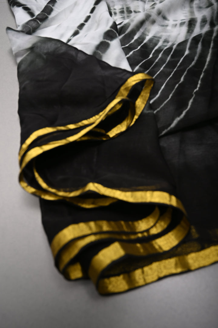 Black & White Shibori Tie-Dye Georgette Saree with Gold Zari Border  | SHOBITAM
