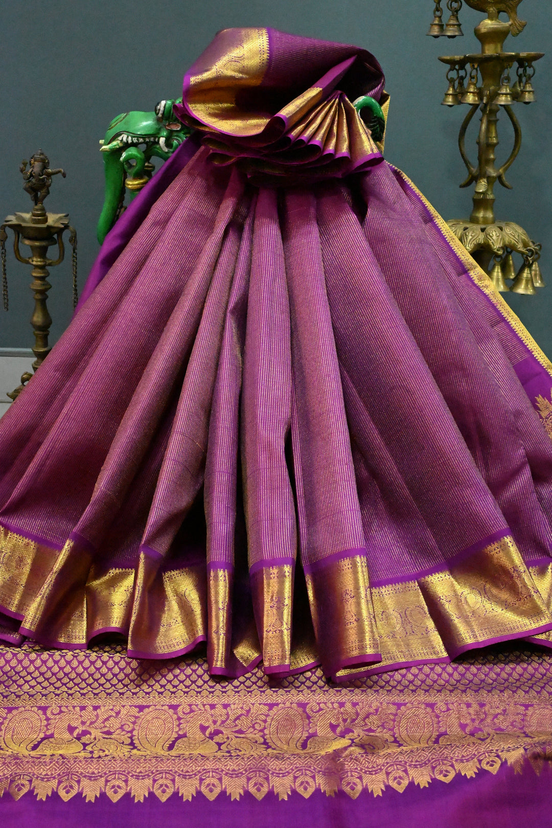 Magenta Pure Kanjivaram Silk Saree with Vairaoosi Zari Stripes and Zari Border | SILK MARK CERTIFIED | SHOBITAM