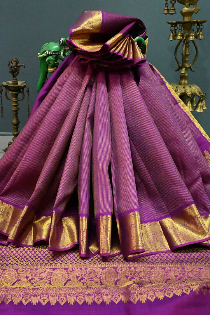 Magenta Pure Kanjivaram Silk Saree with Vairaoosi Zari Stripes and Zari Border | SILK MARK CERTIFIED | SHOBITAM