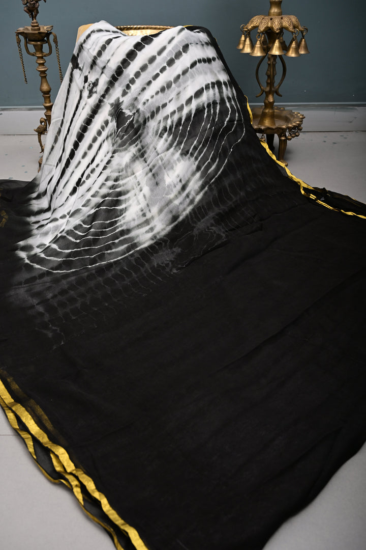 Black & White Shibori Tie-Dye Georgette Saree with Gold Zari Border  | SHOBITAM