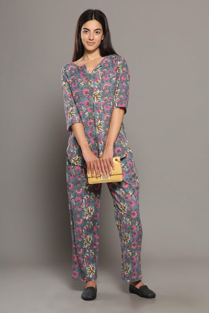Islie Grey Floral Cotton Printed Loungewear Co-ord Set | SHOBITAM