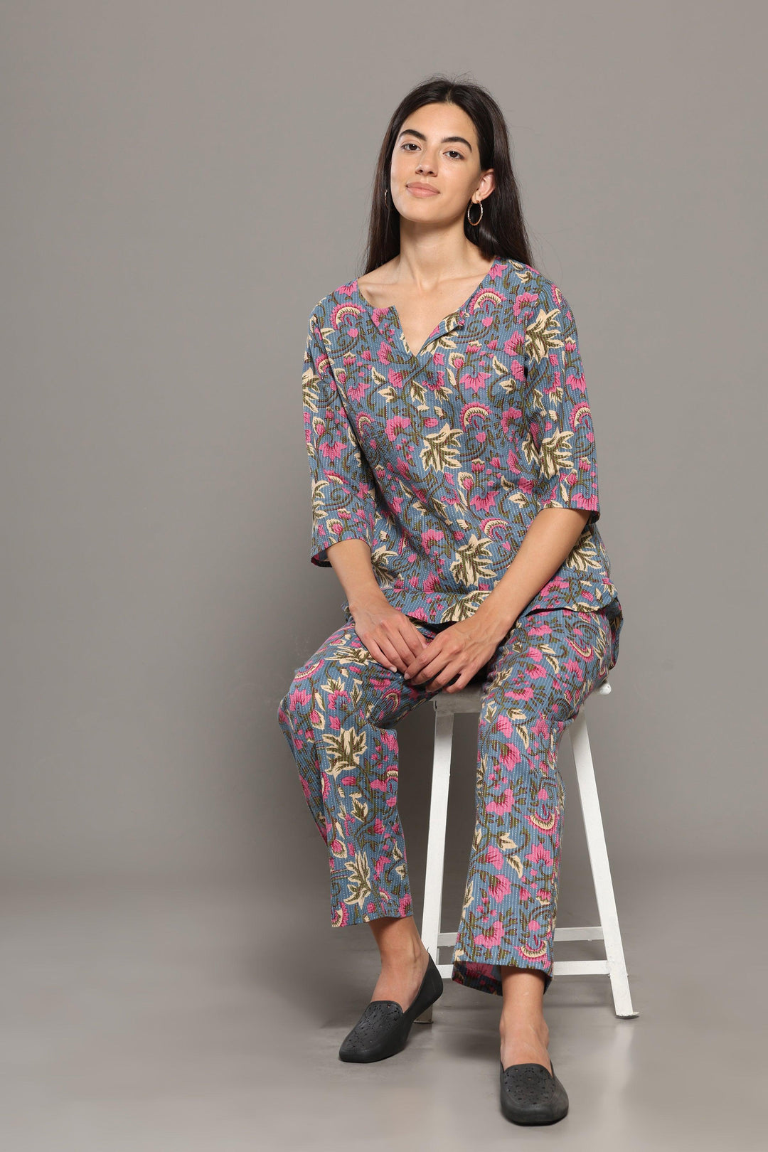 Islie Grey Floral Cotton Printed Loungewear Co-ord Set | SHOBITAM