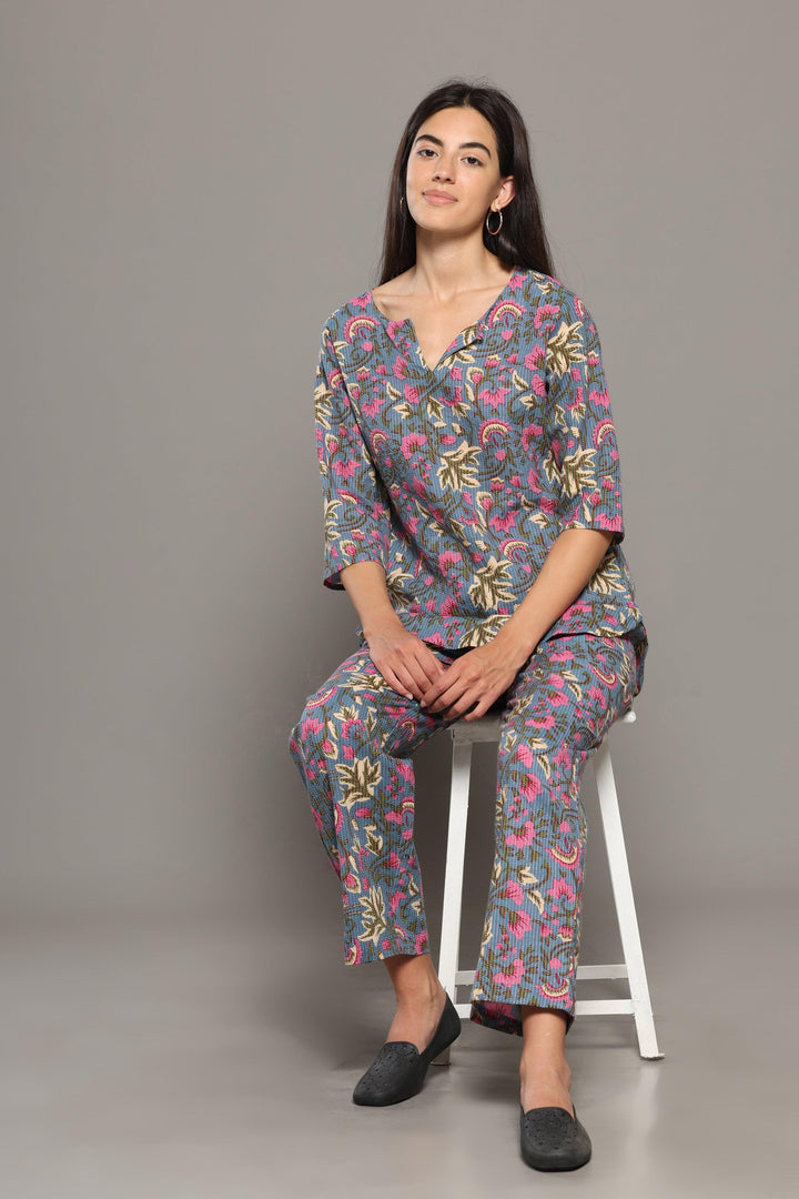 Islie Grey Floral Cotton Printed Loungewear Co-ord Set | SHOBITAM