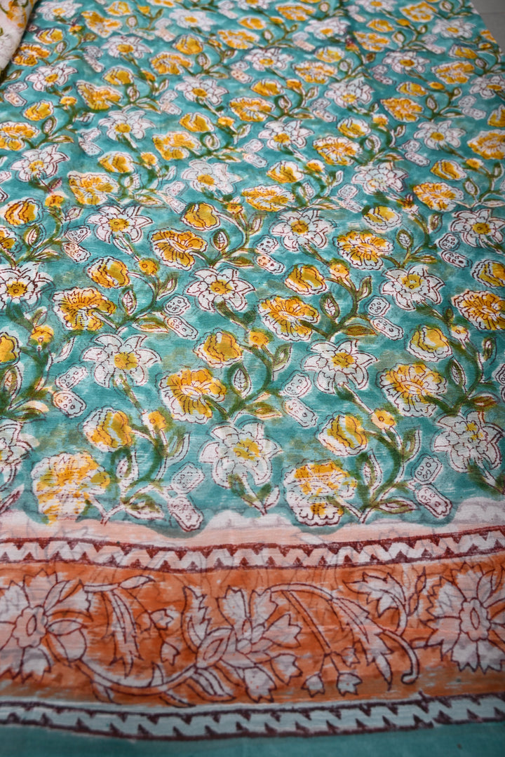 Green Georgette Saree with Sanganeri Hand Block Print and Border  | SHOBITAM
