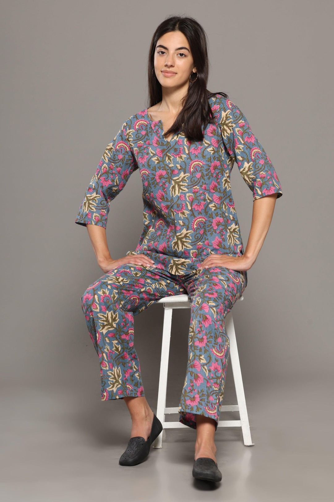 Islie Grey Floral Cotton Printed Loungewear Co-ord Set | SHOBITAM