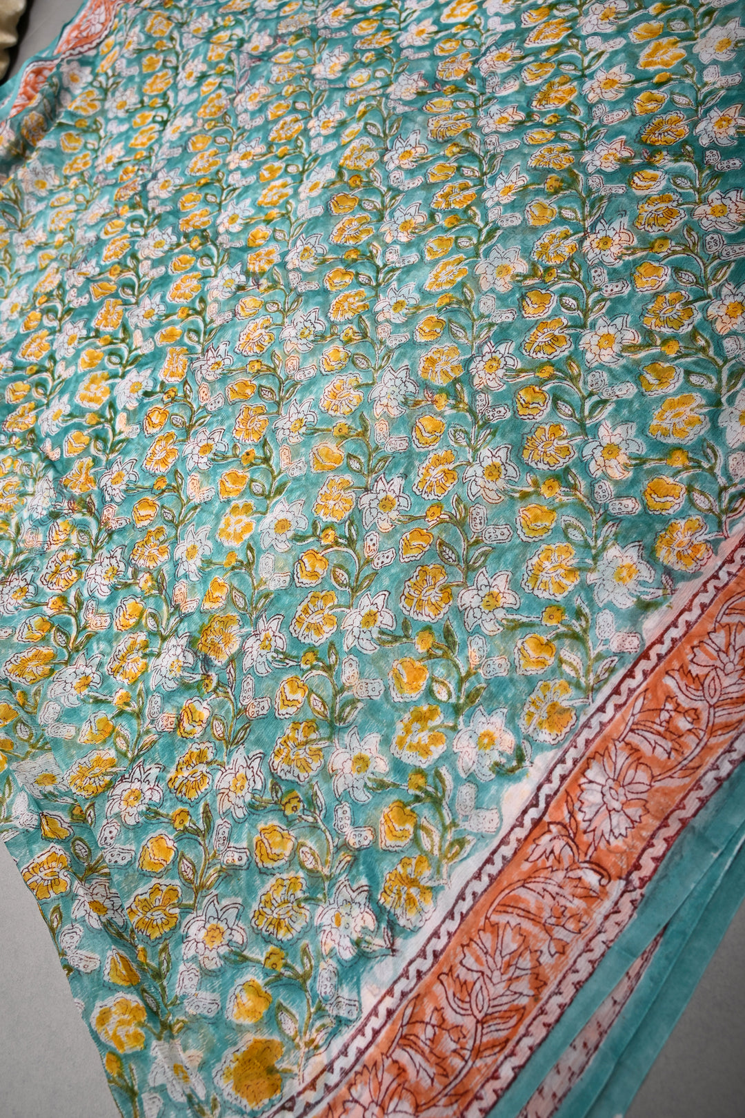 Green Georgette Saree with Sanganeri Hand Block Print and Border  | SHOBITAM