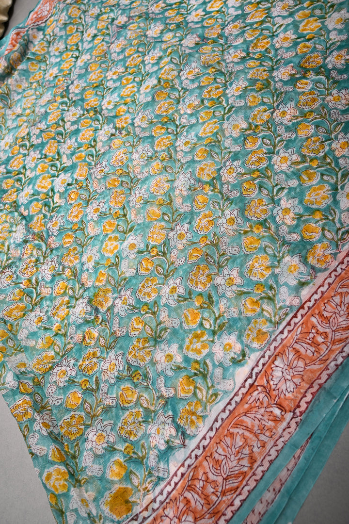 Green Georgette Saree with Sanganeri Hand Block Print and Border  | SHOBITAM