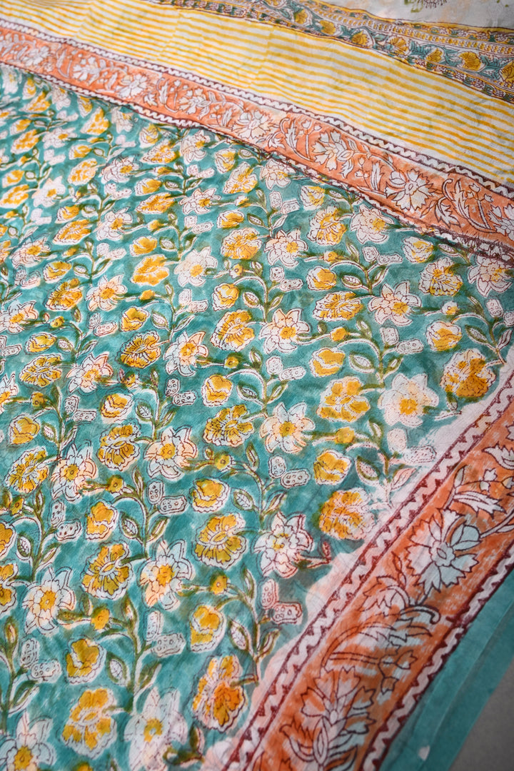 Green Georgette Saree with Sanganeri Hand Block Print and Border  | SHOBITAM