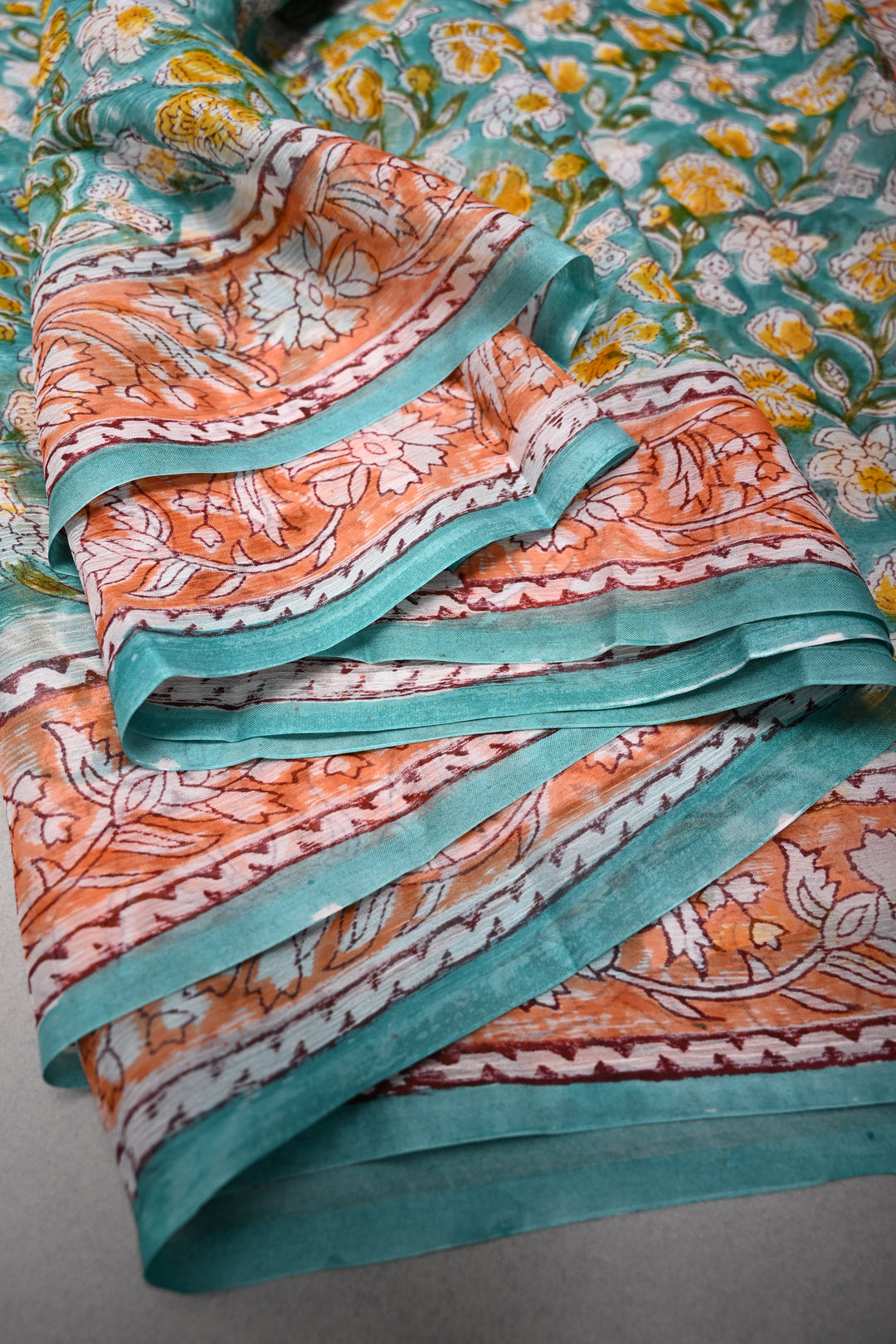 Green Georgette Saree with Sanganeri Hand Block Print and Border  | SHOBITAM