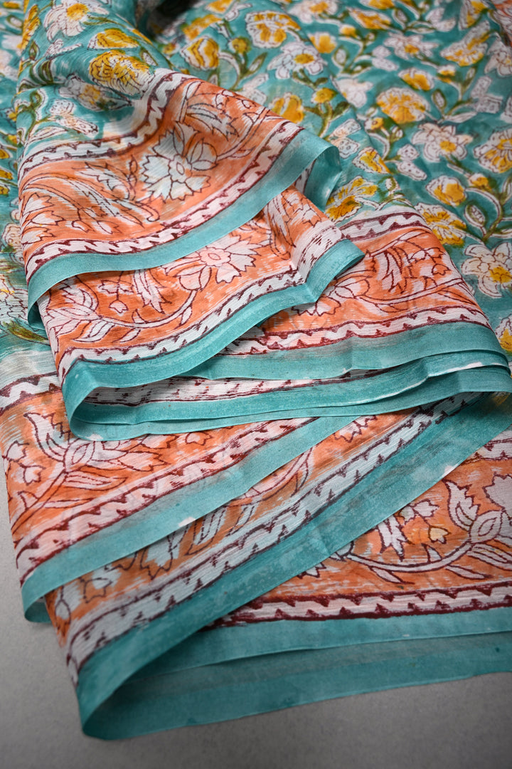 Green Georgette Saree with Sanganeri Hand Block Print and Border  | SHOBITAM