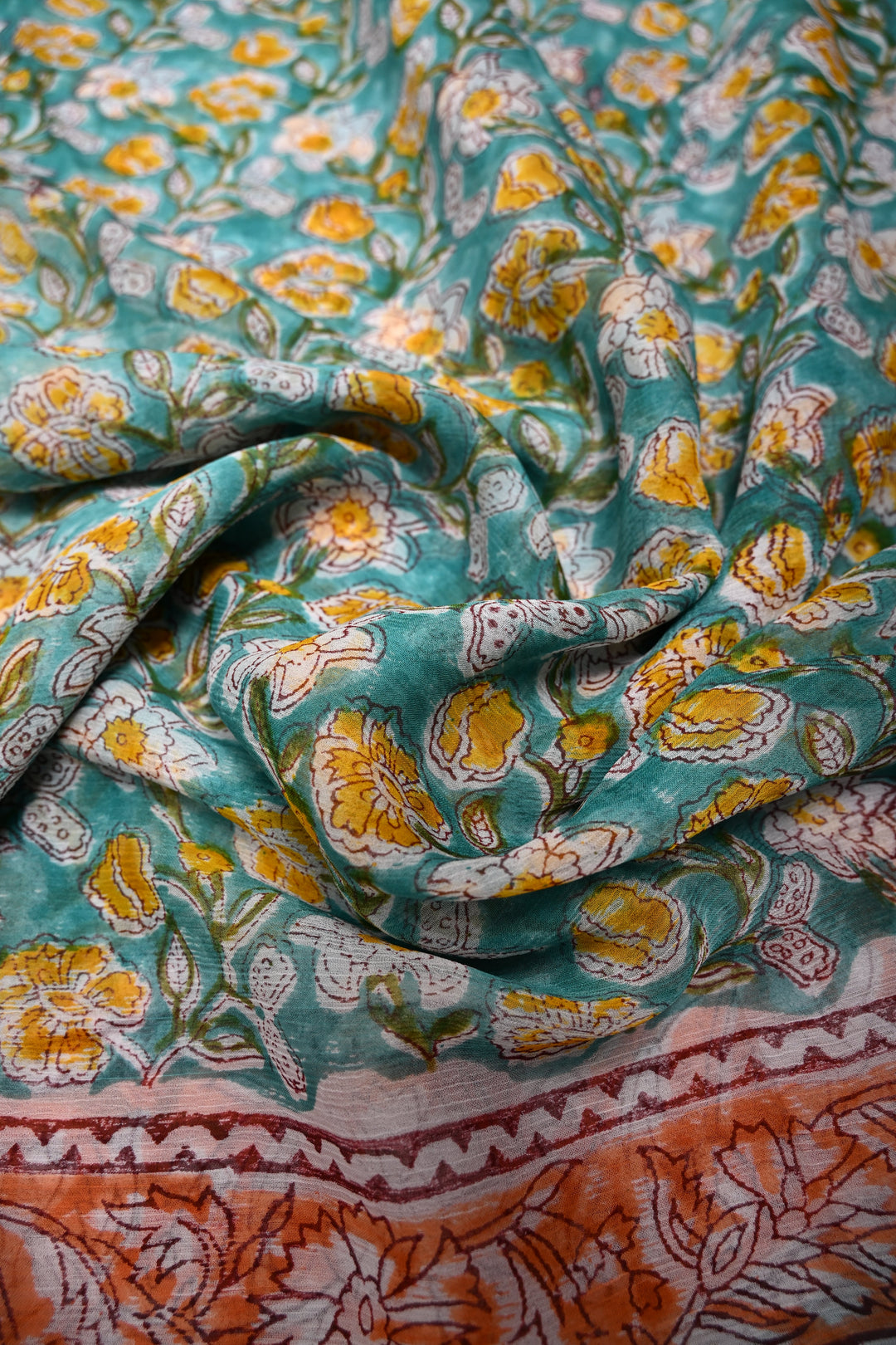 Green Georgette Saree with Sanganeri Hand Block Print and Border  | SHOBITAM