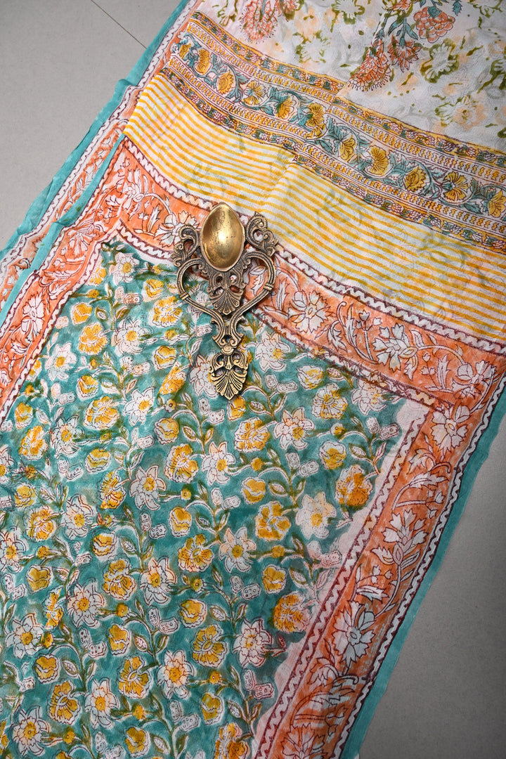 Green Georgette Saree with Sanganeri Hand Block Print and Border  | SHOBITAM