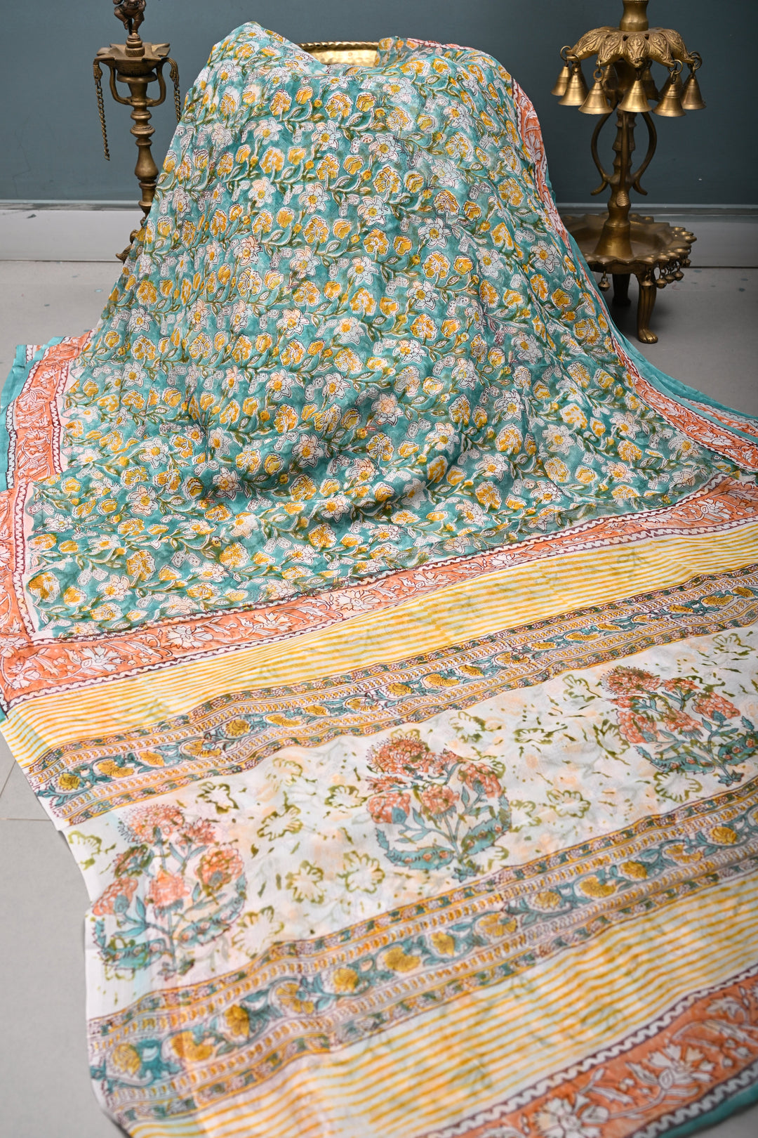 Green Georgette Saree with Sanganeri Hand Block Print and Border  | SHOBITAM