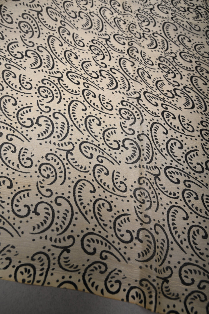 Beige-White Georgette Saree with Hand Block Print Stripes and Contrast Border  | SHOBITAM