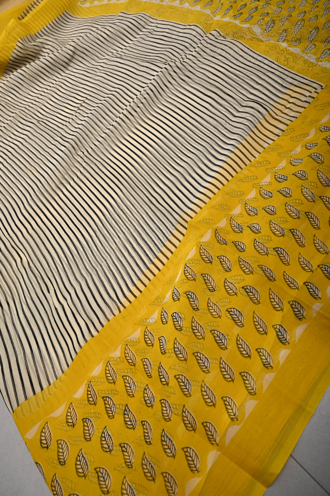 Beige-White Georgette Saree with Hand Block Print Stripes and Contrast Border  | SHOBITAM