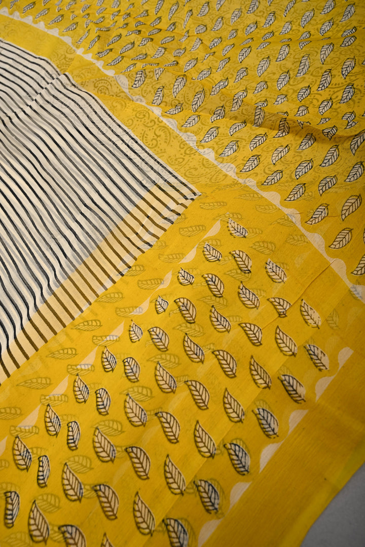 Beige-White Georgette Saree with Hand Block Print Stripes and Contrast Border  | SHOBITAM
