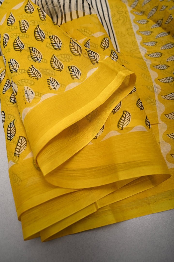 Beige-White Georgette Saree with Hand Block Print Stripes and Contrast Border  | SHOBITAM