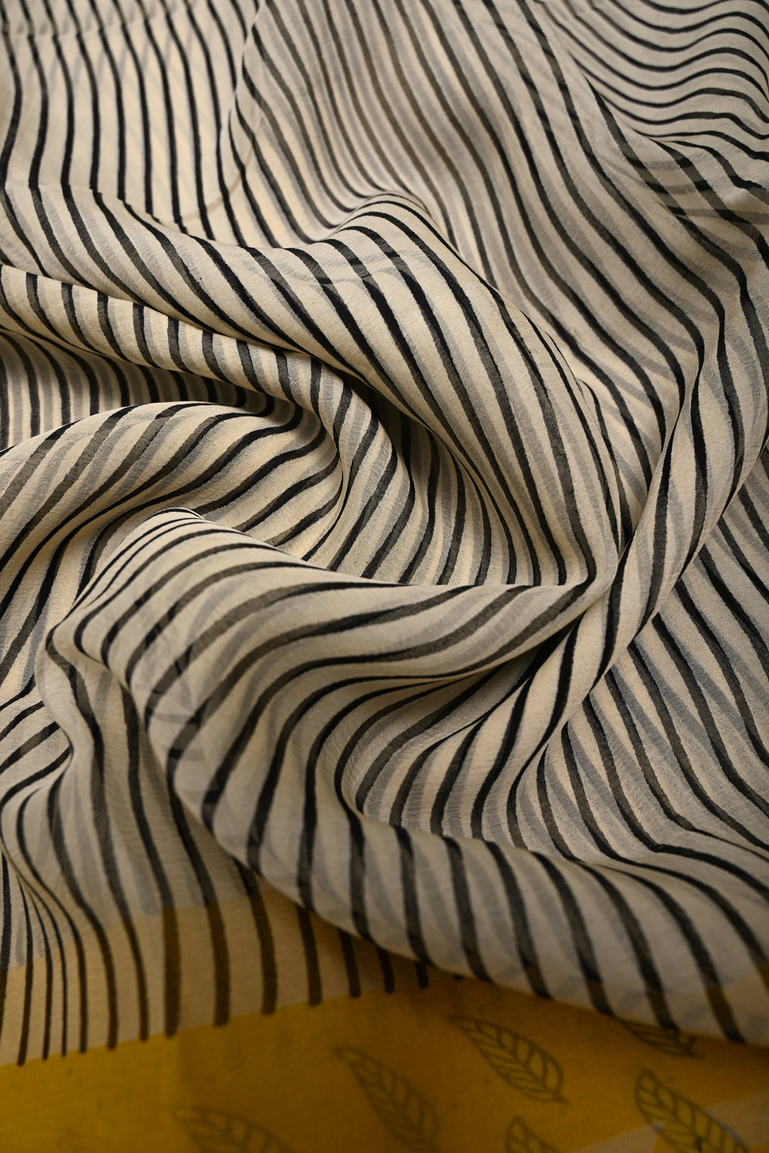Beige-White Georgette Saree with Hand Block Print Stripes and Contrast Border  | SHOBITAM